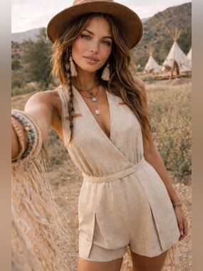 Vena Cava Romper Size Small Beige Linen Boho Halter Playsuit Chic NWOT